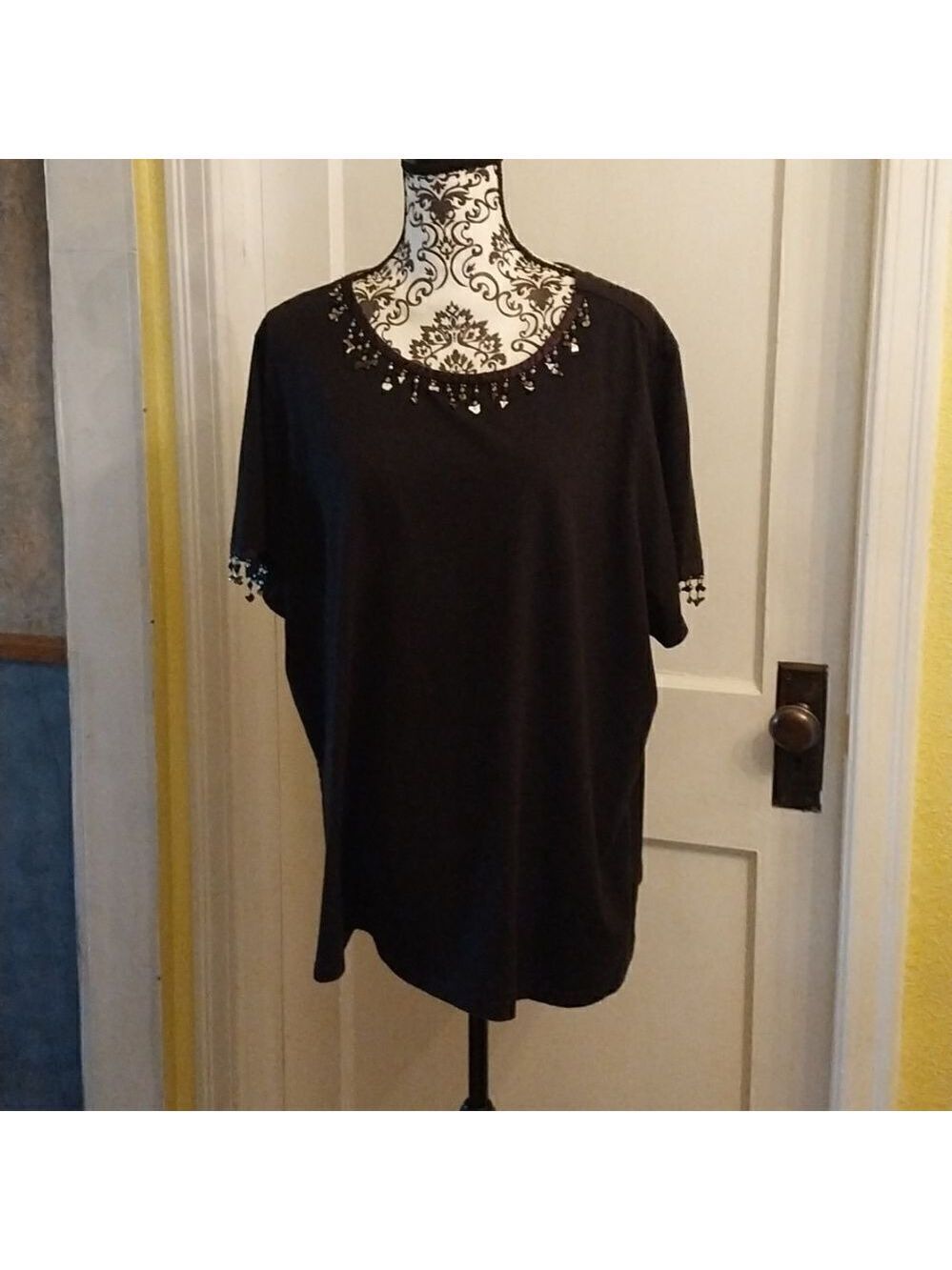 Women Basic Edition Black Embellished Brown Top Size 3XL